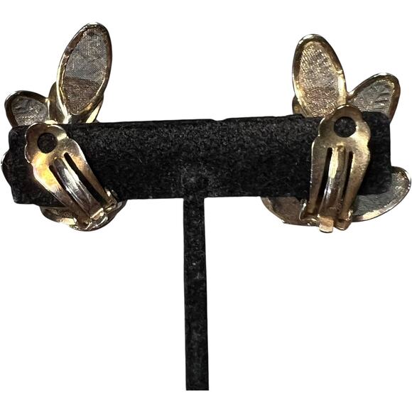 Vintage Bronze Flower Clip On Earrings Statement Petals Crystal Center - Picture 5 of 12